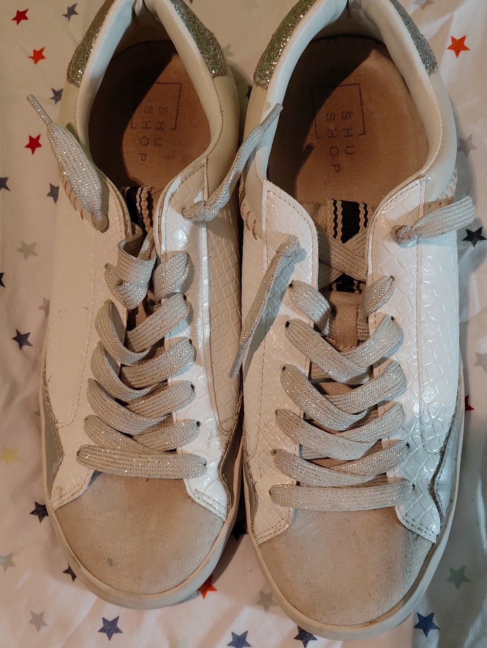 ShuShop White Sneakers with Silver Glitter Accents